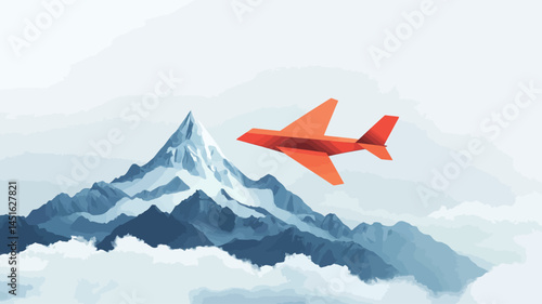 The image shows a stylized, low-polygon rendering of a bright red aircraft in flight, with a backdrop of majestic, snow-capped peaks partially shrouded by a layer of mist.