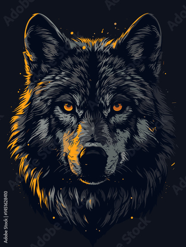 Wolf with yellow eyes staring at the camera. The wolf is black and white with a dark brown snout