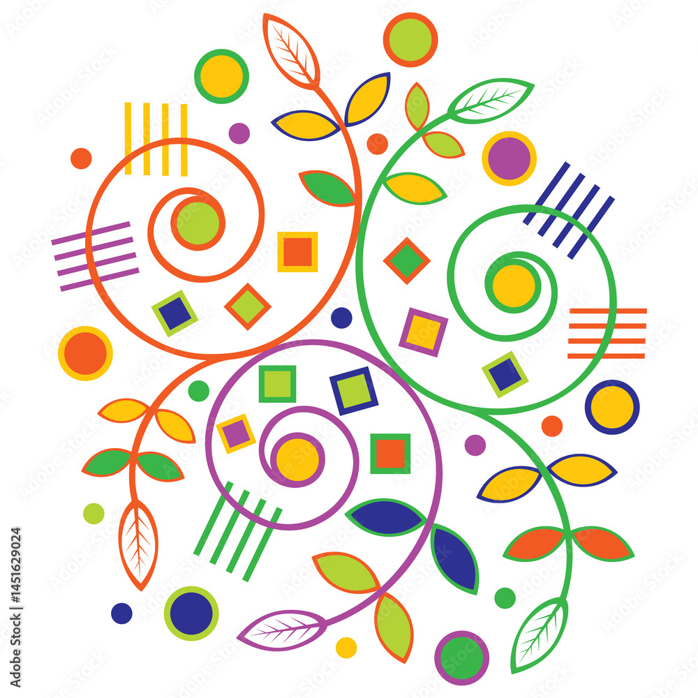 Fototapeta premium Colorful unique, self made, hand drawn, spiral lines, leaves, squares & circle vector design 