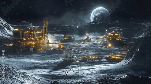 A massive lunar mining operation under Earth’s glow, robotic drills extracting rare minerals, domed research bases nearby, astronauts in reflective suits walking across the surface.