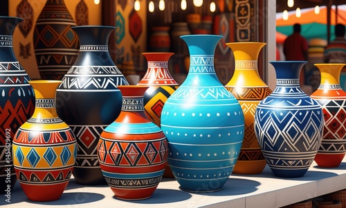 Colorful african patterned vases on display at vibrant outdoor market