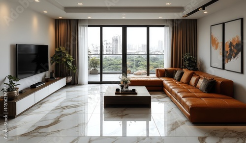 Wallpaper Mural Modern apartment living room with city view, leather sofa, and marble floor Torontodigital.ca
