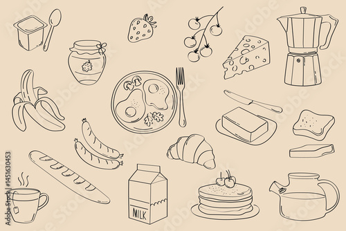 Breakfast food icons in hand drawn style. Collection of breakfast dishes in line art style. Includes milk, eggs, tea, coffee, sausages, fruits, toast and pancakes. Suitable for cafe branding, recipe 