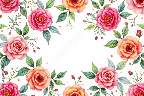 Intricate watercolor roses & leaves, repeating pattern, pink, stylish, botanical