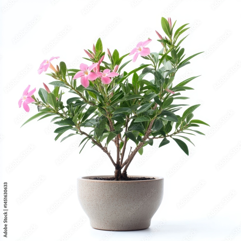 Obraz premium Pink Flowering Houseplant in Beige Pot Against White Background