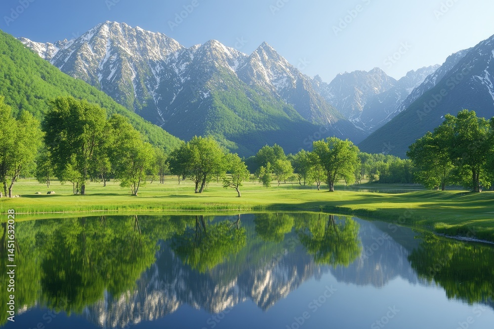 Serene mountain valley reflecting in a tranquil lake Lush green landscape with snowy peaks Serene mountain valley reflecting in a tranquil lake Lush green landscape with snowy peaks