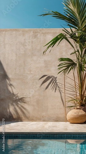 Tropical summer background with concrete wall, pool water and palm leaf shadow. Luxury hotel resort exterior for product placement. Outdoor vacation holiday house scene, neutral architecture aesthetic