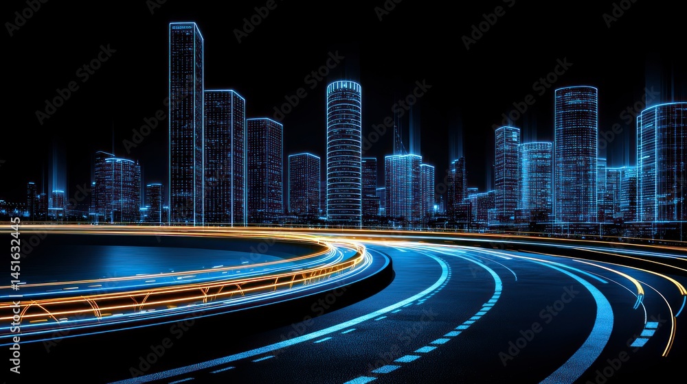 Fototapeta premium Futuristic Cityscape Displaying Illuminated Buildings And Roadways At Night