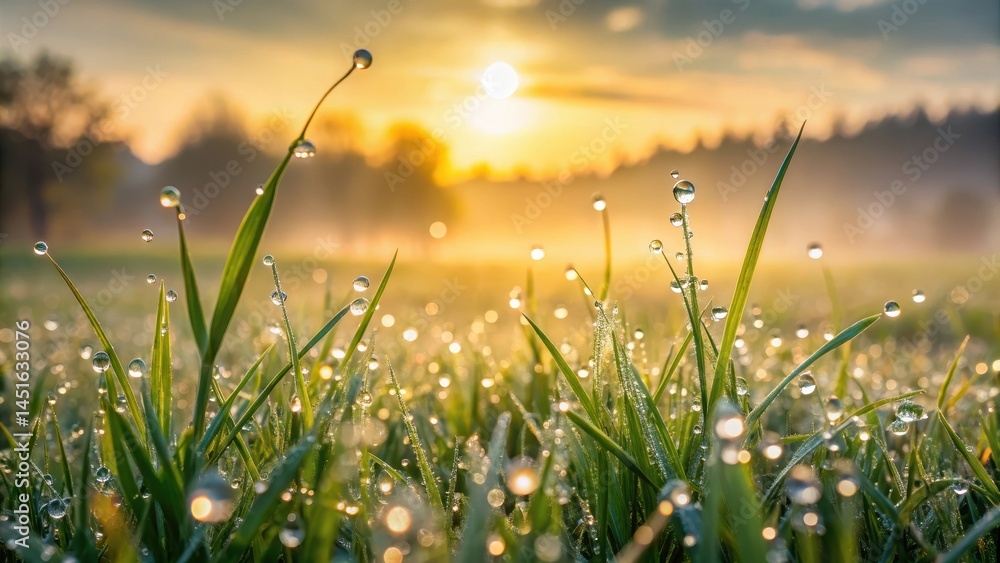 Fototapeta premium Misty grass with dew droplets glistening on its blades, surrounded by a serene natural landscape, evoking feelings of peacefulness and serenity, landscape, botanical