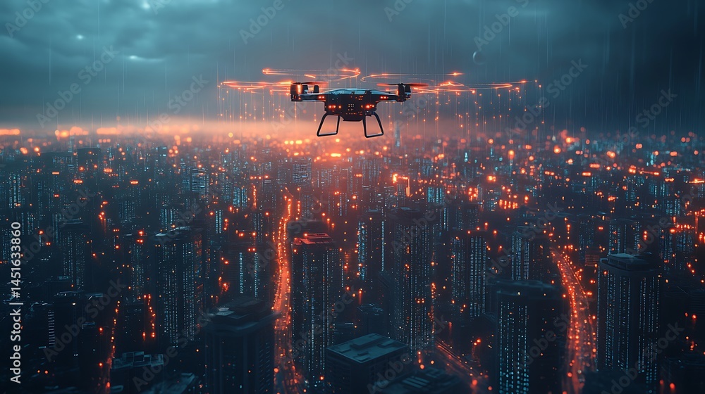 Fototapeta premium Futuristic city with floating data shields surrounding buildings, encrypted network lines visible in the sky, AI drones patrolling for breaches, digital rain falling gently.