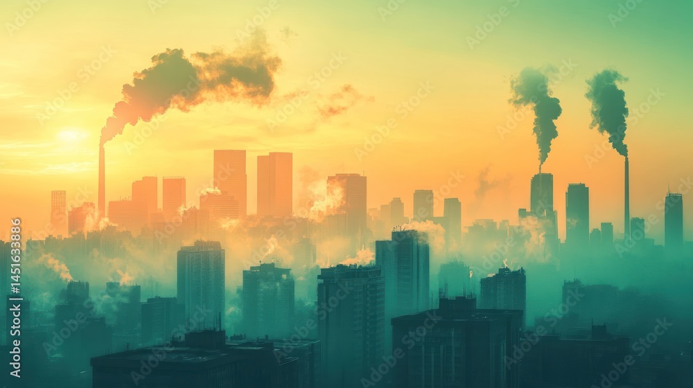 Fototapeta premium Urban pollution in a hazy cityscape with industrial smoke and towering buildings