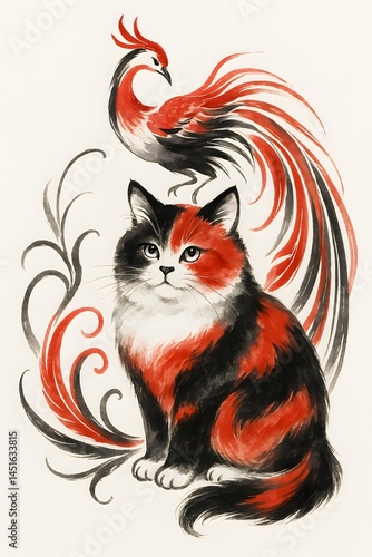 Cat in Traditional Chinese Ink Painting Style 