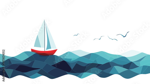 This image shows a stylized illustration of a sailboat on the sea. The visual style is low-polygon, with geometric polygons used to represent the sailboat and the waves.