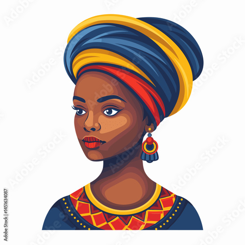 Beautiful African woman with turban on head. Vector illustration.