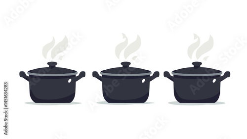 This image shows a minimalist vector illustration of three identical dark grey covered pots. Each pot has a distinctive white steam rising from it, suggesting that it is filled with hot food.