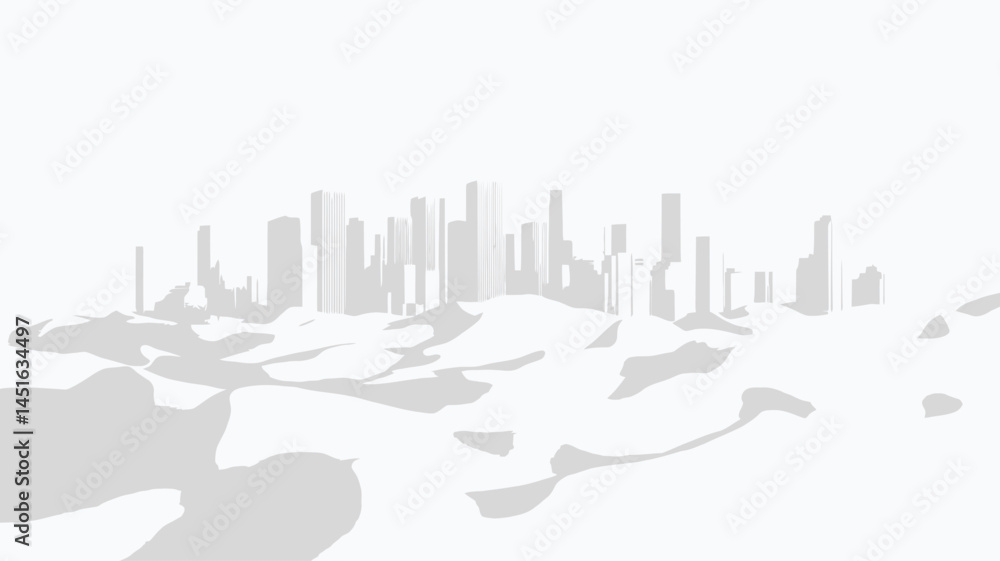 Fototapeta premium The image is a minimalist monochrome rendering, with the cityscape emerging from abstract undulating forms. The palette is entirely white, creating a high-key, almost ethereal atmosphere.