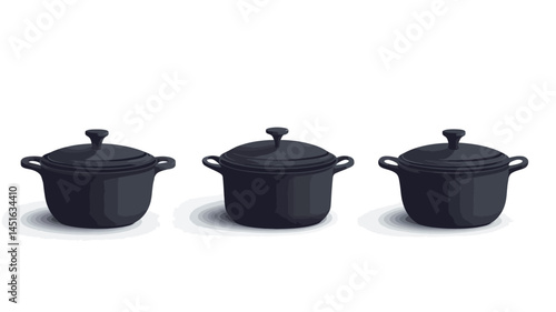 This photo is a high-key studio photo of three identical black cast iron pots with lids. Each pot has a slightly rounded body, a small round knob on the lid, and two short, sturdy knobs.