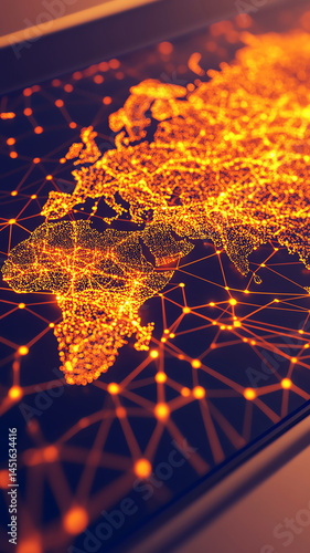 Digital world map, glowing network blockchain powered financial system, global connection technology innovation