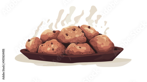 A digital painting or illustration depicts a pile of irregularly shaped, golden-brown baked goods, possibly rolls or pastries, arranged on a dark brown rectangular plate.