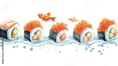 A stylized watercolor or digital painting depicts five sushi rolls lined up in a row and partially submerged in choppy water. A cross section of a sushi roll consists of rice, seaweed, and.
