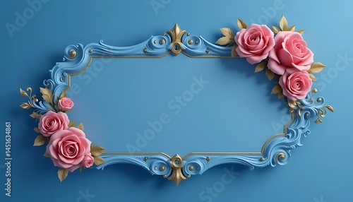 Elegant Blue Ornate Frame Adorned with Pink Roses on a Soft Blue Backdrop