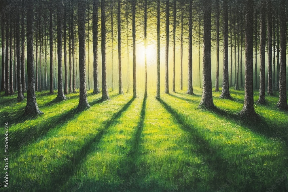 Sunlight streams through a pine forest Sunlight streams through a pine forest