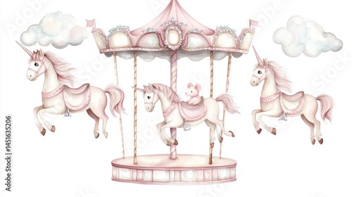 Pink carousel with unicorns and a small animal.