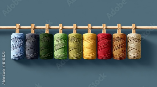 Colorful Spools of Thread Hanging on a Wooden Rack Against a Blue Background for Crafting and Sewing Projects