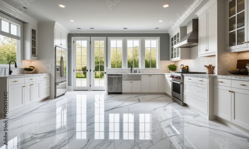 Spacious modern kitchen with white cabinets and marble flooring featuring abundant natural light