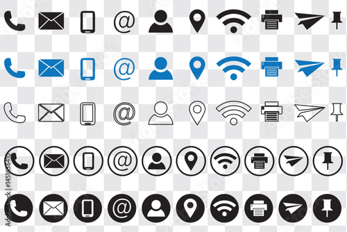 Business card contact information icon set. Containing name, address, location, mail, email, E-mail, chat speech bubble, website, telephone, cell phone, fax for app and website. Vector illustration