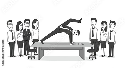 Shocked Office Workers Witnessing Unexpected Foot on Table