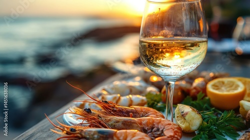 Elegant outdoor dining setup with fresh seafood and white wine overlooking sunset at beach with warm golden light and scenic ocean view
