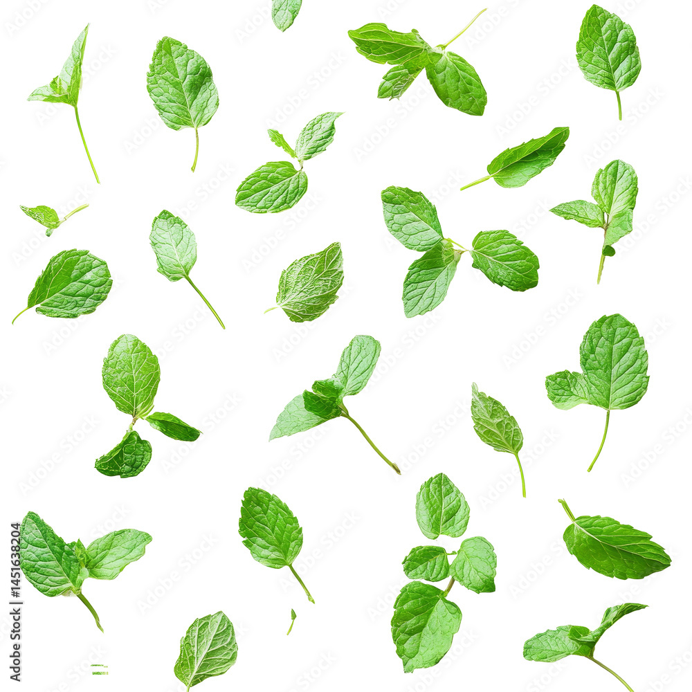 Fresh mint leaves scattered on a clean transparent background for culinary use and decoration, Mint leaves transparent background