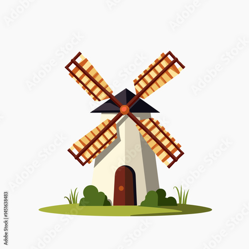 cartoon windmill with brown sails on green grass