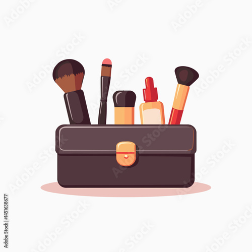 makeup artists essential tools  illustrated makeup kit with brushes, lipstick, eyeshadow, and foundation