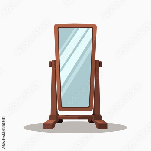 mirror with wooden frame on stand  reflection of person in mirror