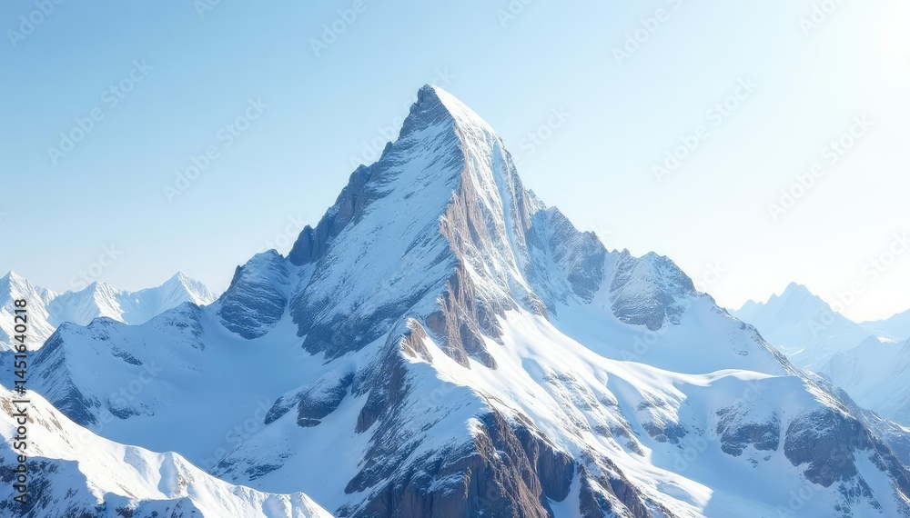 Obraz premium Snow-covered mountain peak against clear white sky, winter, travel, alpine