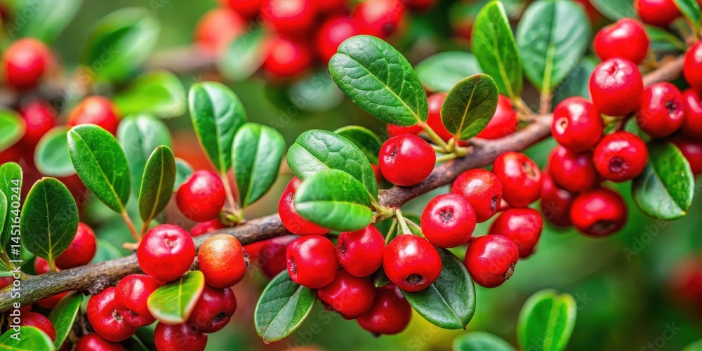Obraz premium A close-up of bright red berries of bearberry cotoneaster with green leaves, nestled among foliage on a branch , plant, bearberry_cotoneaster
