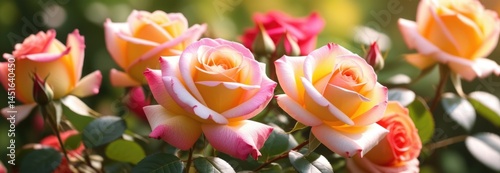 Vibrant yellow and pink roses in sunlit garden landscape