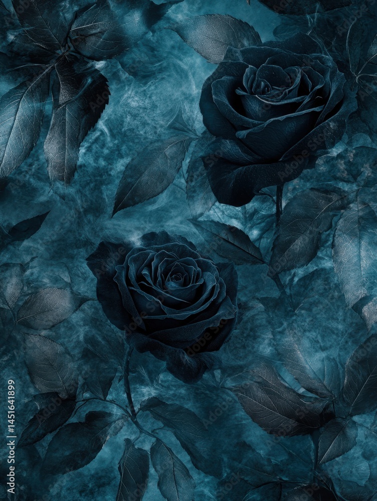 Obraz premium A botanical motif with glowing black roses and shadowy mist swirling between leaves 