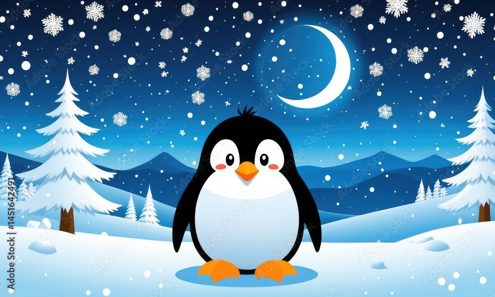 Fototapeta premium Cute cartoon penguin in snowy winter wonderland under a crescent moon