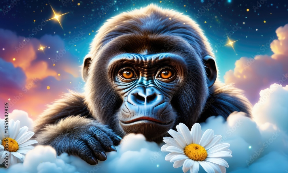 Dreamy gorilla amidst clouds and daisies with starry sky backdrop Dreamy gorilla amidst clouds and daisies with starry sky backdrop