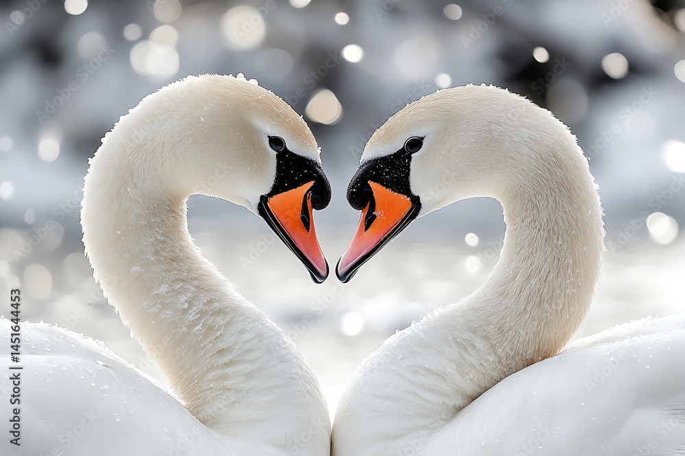Fototapeta premium Two Swans Forming a Heart in Winter Wonderland