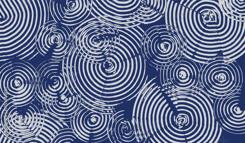 Crafted hand drawn brush lines abstract water with raindrops circle waves pattern in white and indigo blue, Japanese and ethnic wood carving, engraving texture background, minimal graphic for carpet