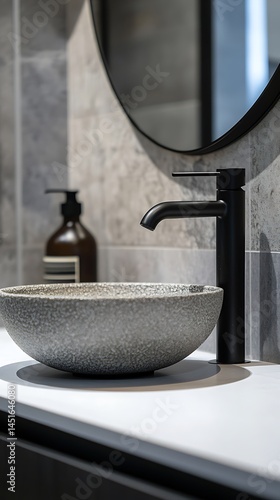 Stylish bathroom Stone sink, Black tap, Round mirror, Modern design, Interior