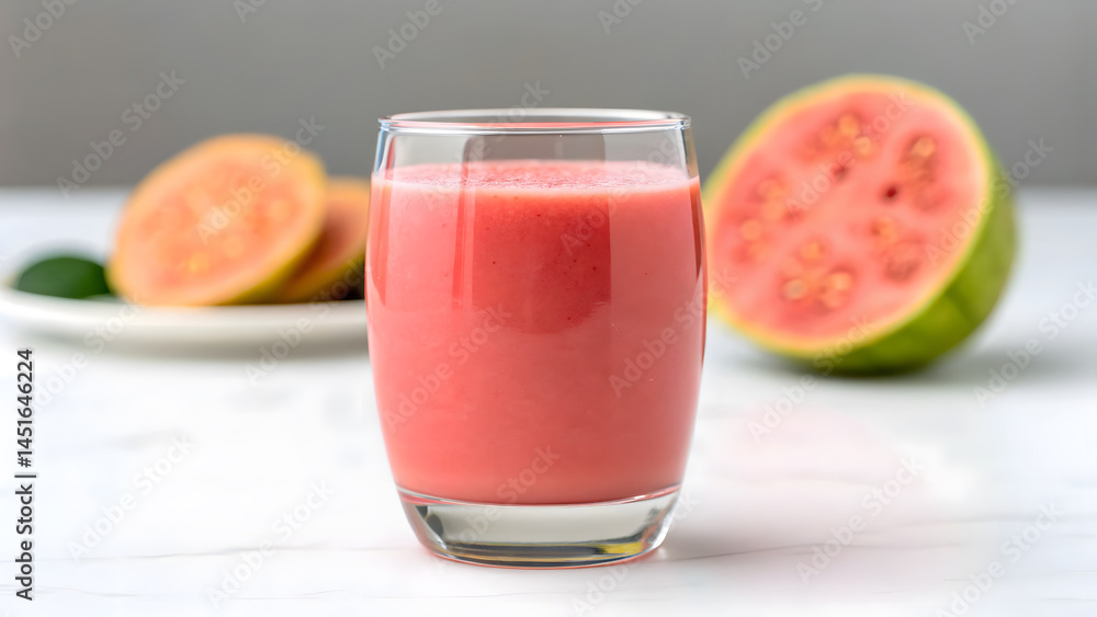 Fresh Fruit Smoothies Fresh fruit smoothies in clear glass with pink guava fruit slices on white surface for healthy treat Fresh Fruit Smoothies Fresh fruit smoothies in clear glass with pink guava fruit slices on white surface for healthy treat