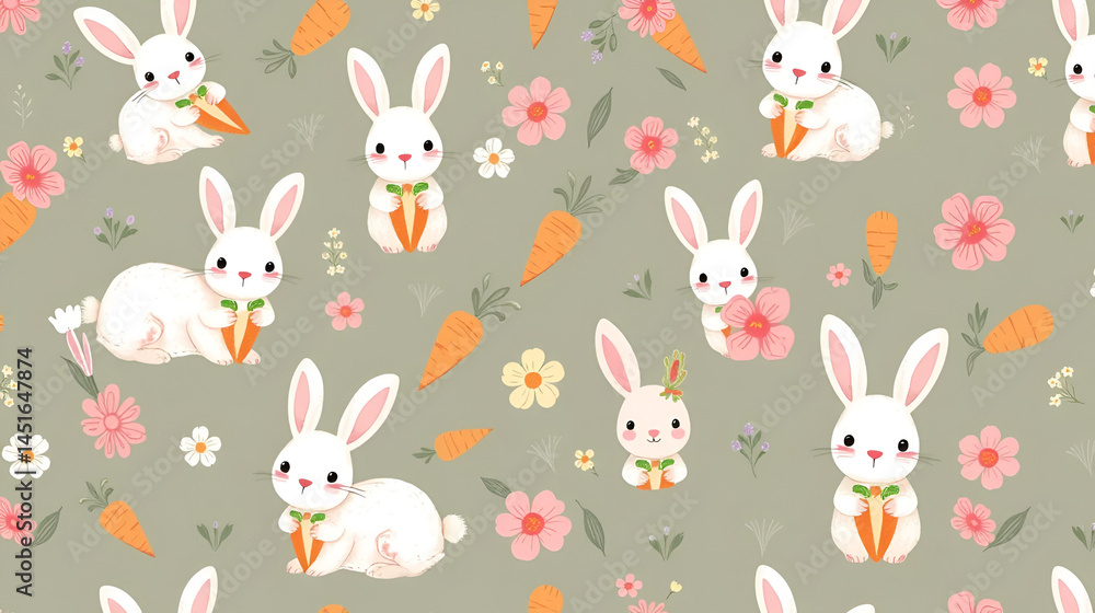 Naklejka premium Adorable Easter Bunnies with Carrots and Flowers Seamless Pattern