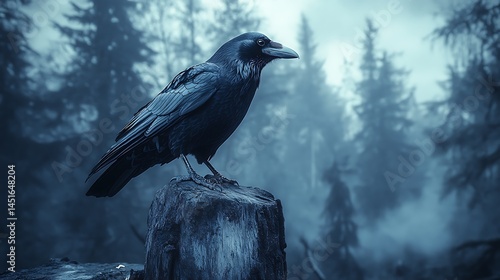 Raven perched on stump in misty forest