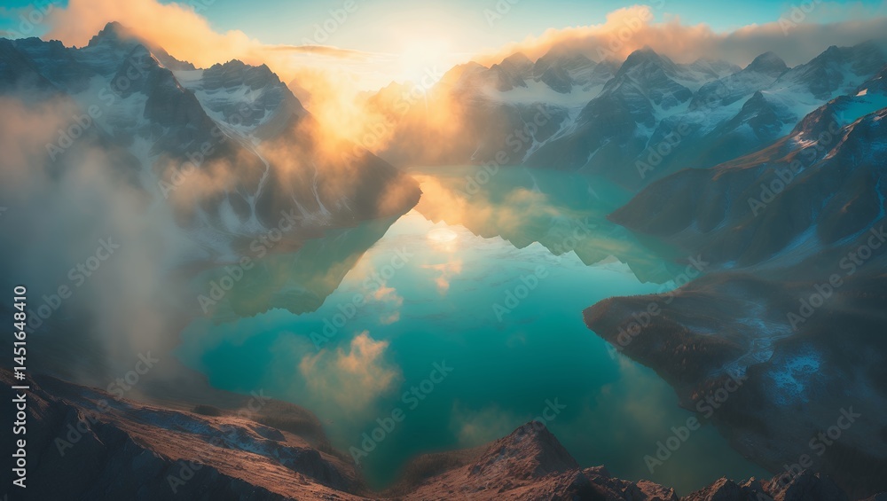 Fototapeta premium Still Mountain Lake Reflects the Sky with Snowy Peaks and Mist