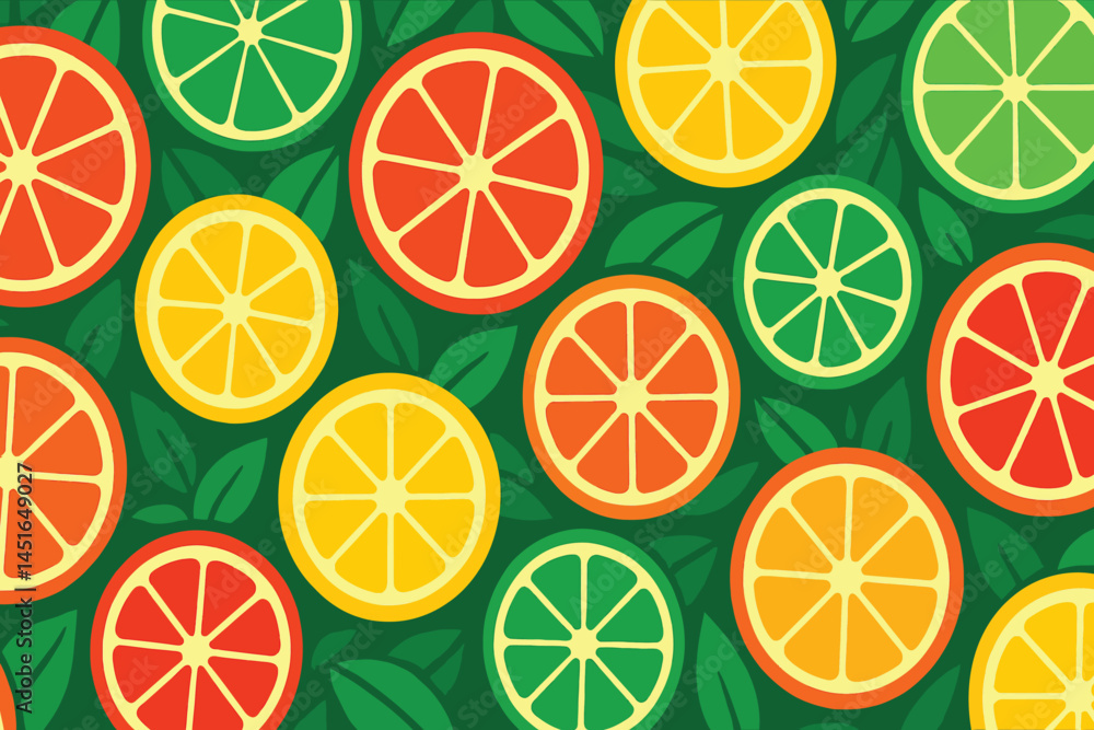 Seamless Citrus Fruit Slice Pattern with Lemon, Orange, Lime, and Grapefruit on Green Leaf Background Seamless Citrus Fruit Slice Pattern with Lemon, Orange, Lime, and Grapefruit on Green Leaf Background